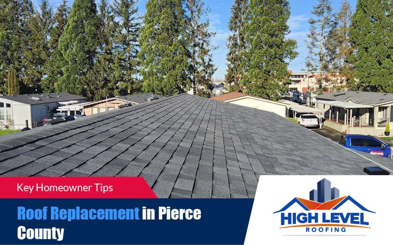 Roof replacement in Pierce County featuring a professional team installing new shingles on a residential roof.