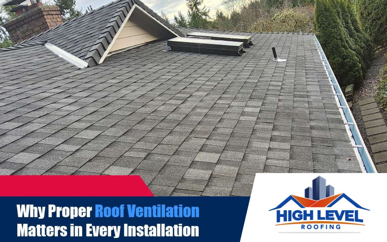 Asphalt shingle roof with ventilation components installed for optimal airflow and moisture control