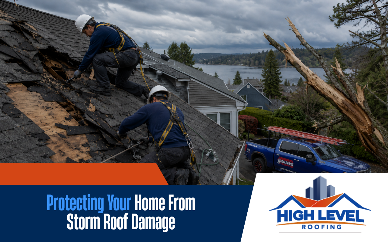 Roof storm damage repair in Pierce County, WA after strong winds
