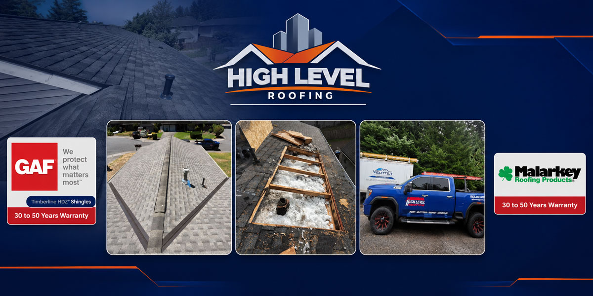 High Level Roofing homepage banner featuring completed roof work, repair photos, company truck, and GAF and Malarkey warranty badges.